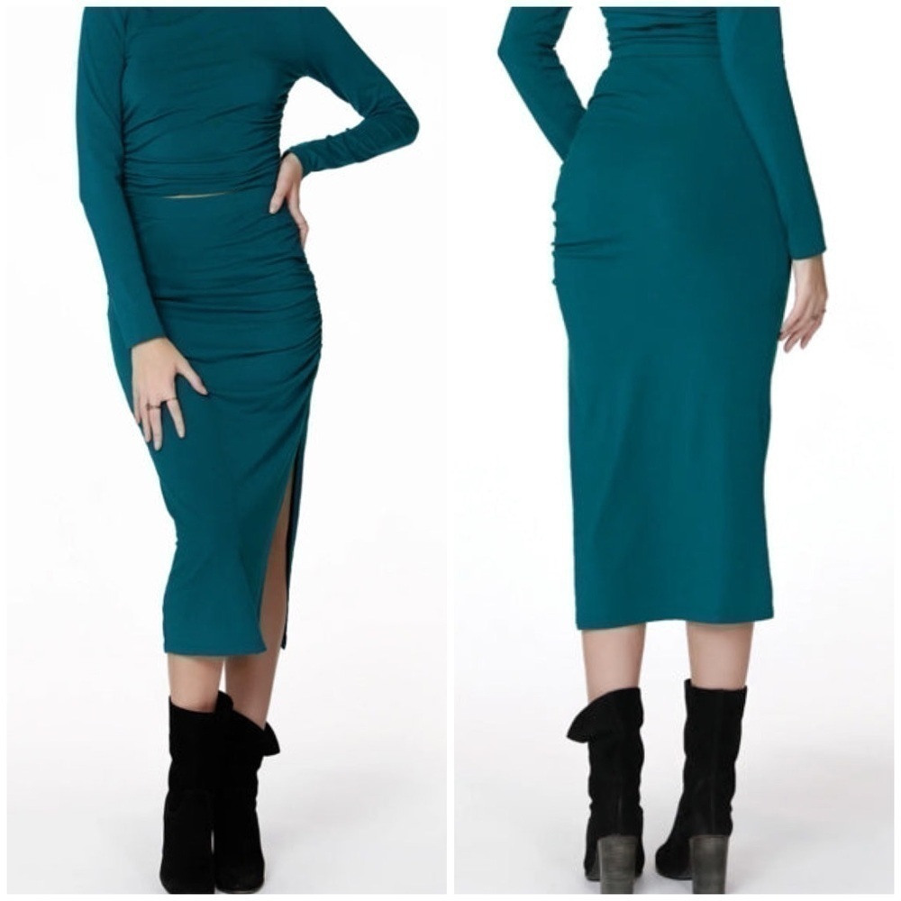 Bobi Shirred High Slit Midi Skirt in Mystic Teal Size XS NWT!